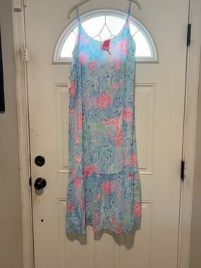 Lilly Pulitzer Yinni Maxi Dress Sink or Swim Blue Pink Tiered Size L NWT
